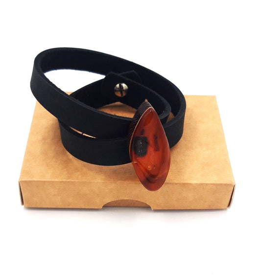 Baltic amber double bracelet with leather for adult