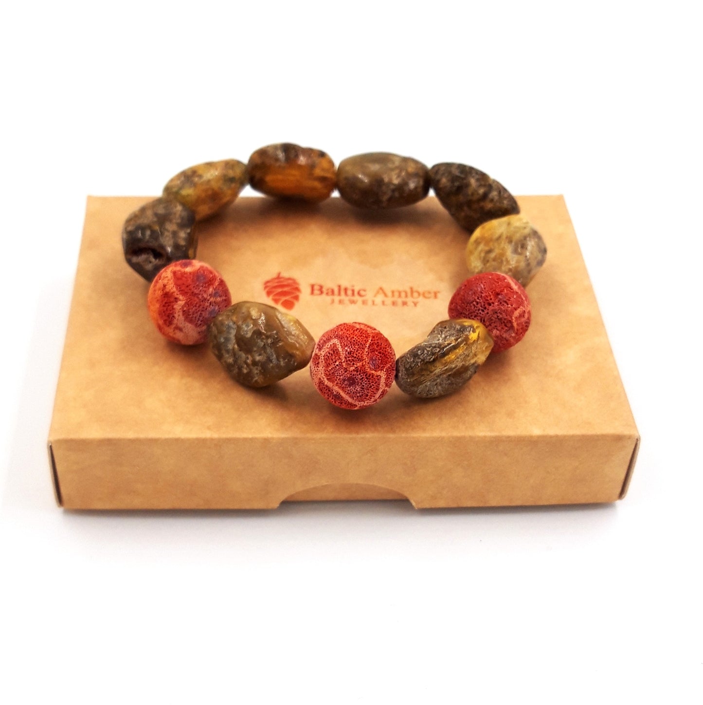 Baltic amber bracelet for adults with coral
