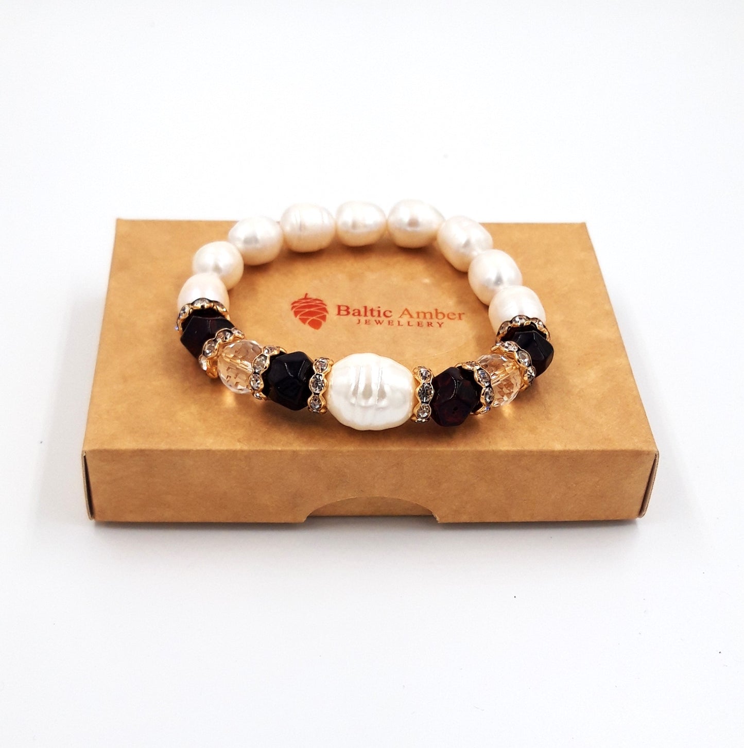 Baltic amber bracelet for adults with freshwater pearls and Swarovski crystal