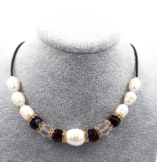 Baltic amber necklace for adults with freshwater pearls and Swarovski crystal