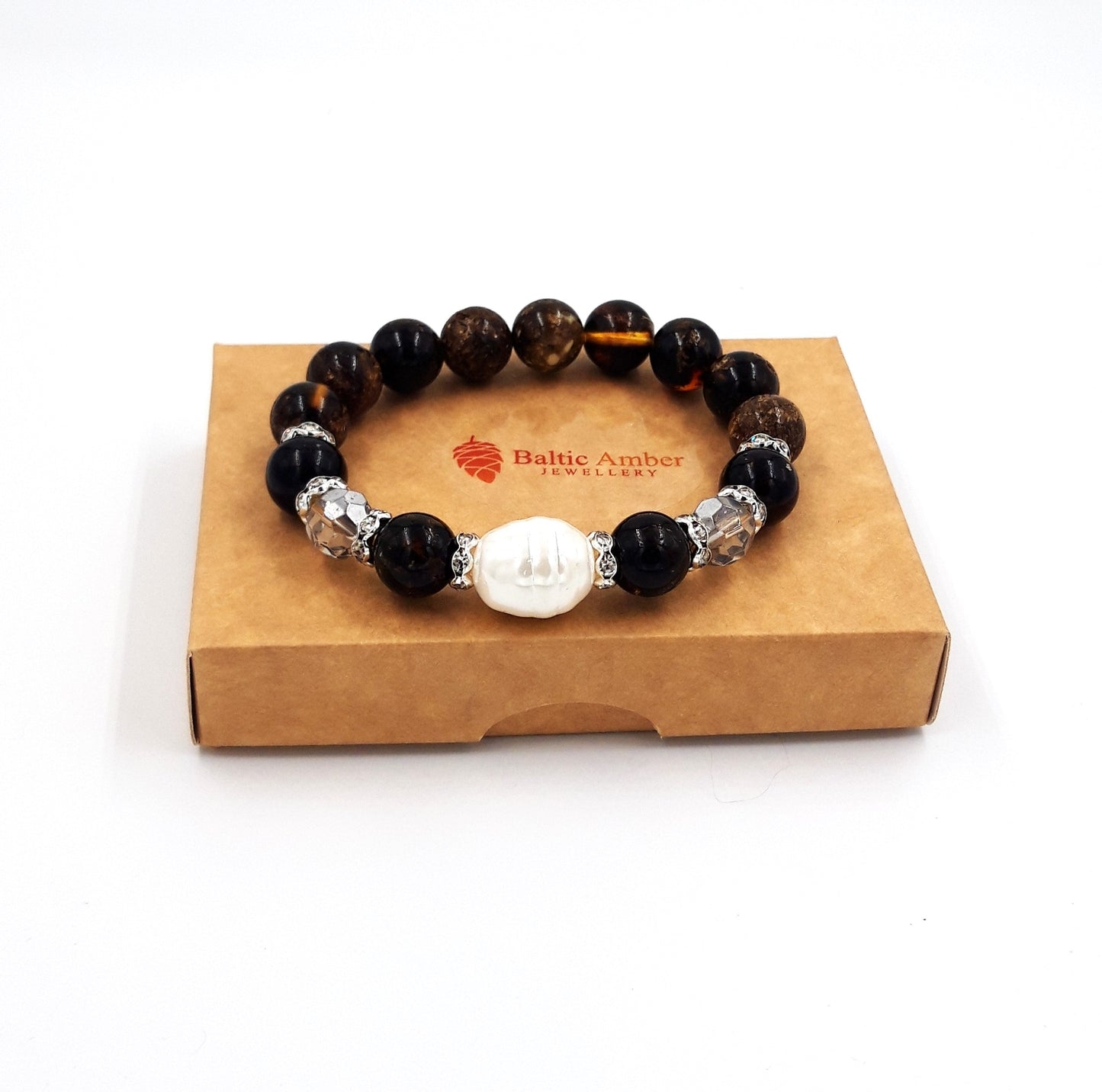 Baltic amber bracelet for adults with freshwater pearl and crystal