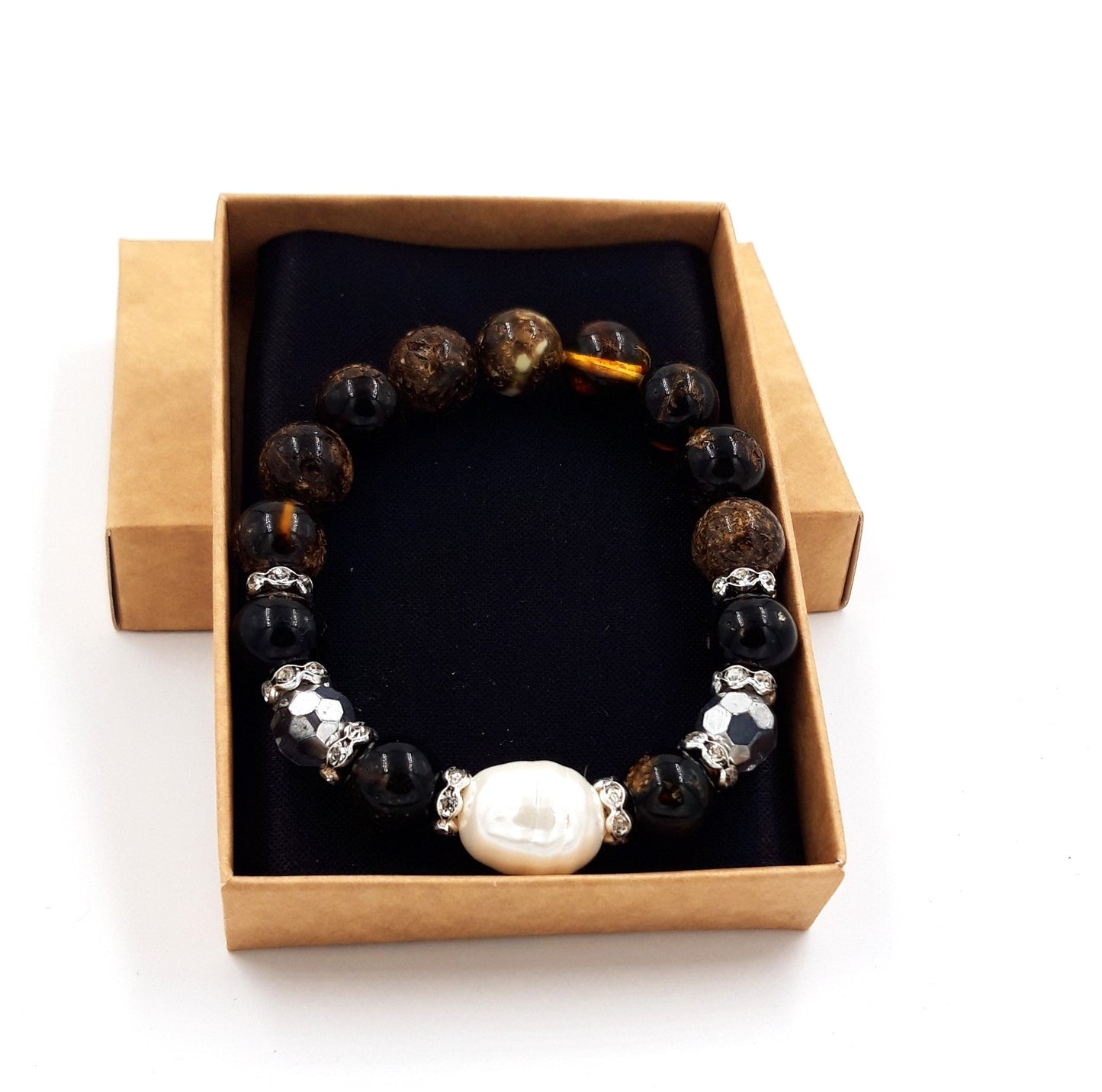 Baltic amber bracelet for adults with freshwater pearl and crystal