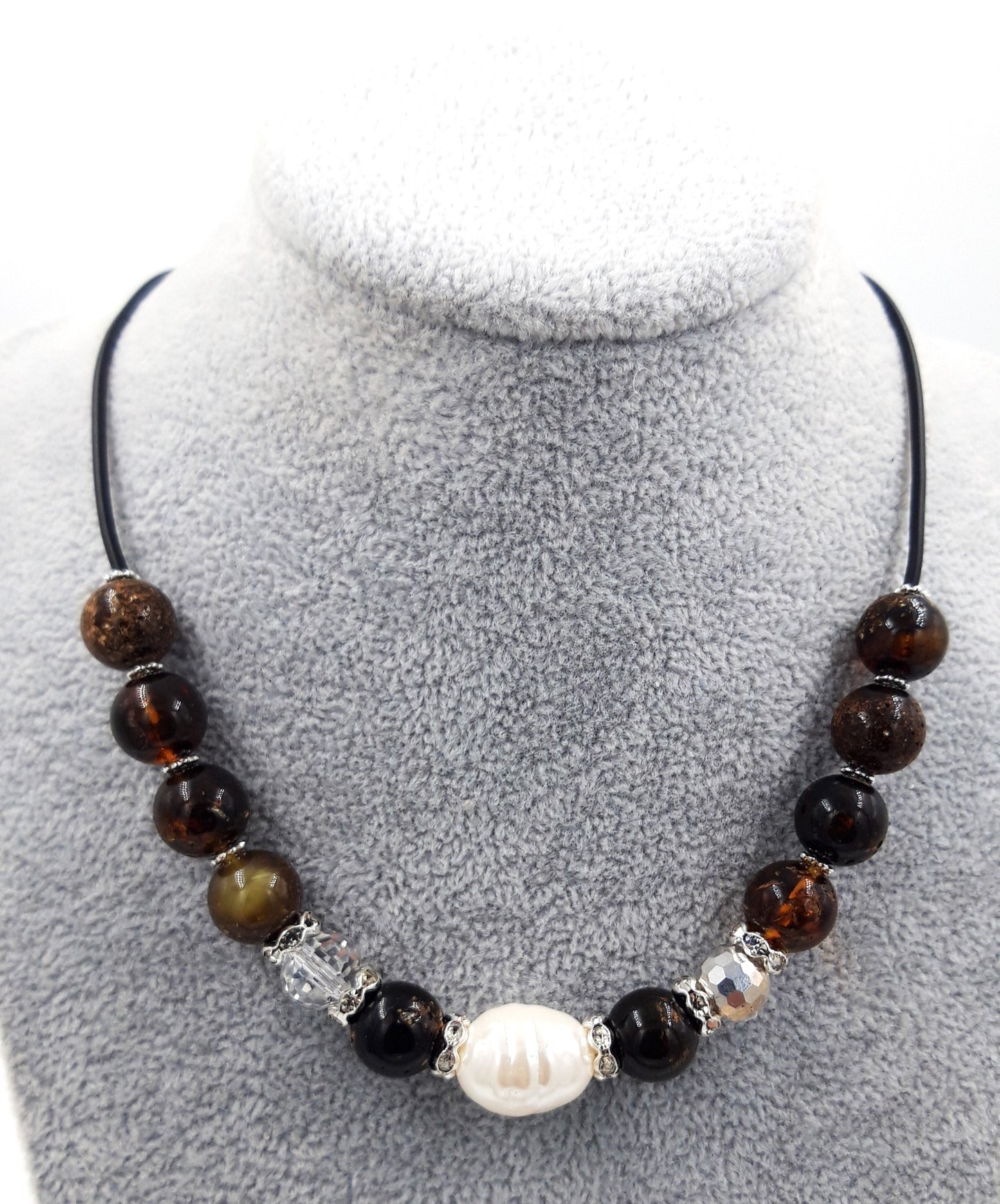 Baltic amber necklace for adults with freshwater pearl and crystal