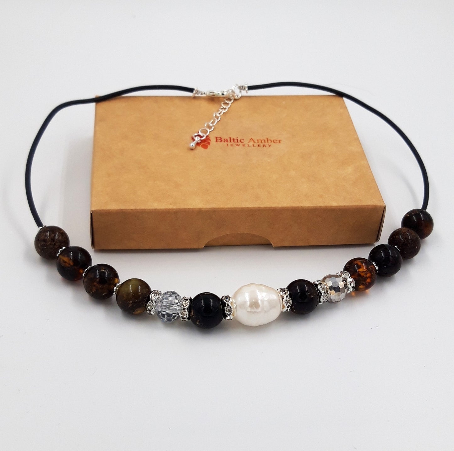 Baltic amber necklace for adults with freshwater pearl and crystal
